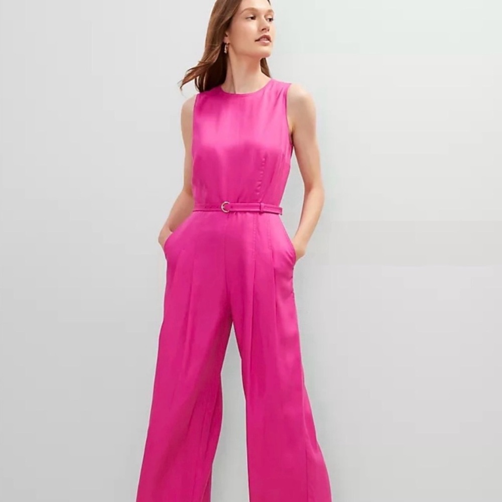 Ann Taylor Fuchsia Sleeveless Belted Wide-Leg Jumpsuit